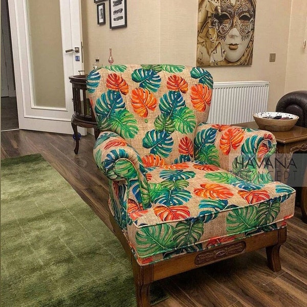 Orange Green Monstera Leaves Fabric - 56" Wide, Tropical Leaves on Burlap Print Fabric for Chair Upholstery, Home Decor Fabric by the Yard