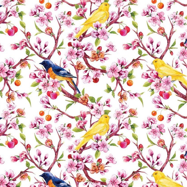 Canary Birds on Tree Fabric - Yellow and Blue Birds on Tree Branches Fabric for Home Decor, Nature Print Chair Upholstery Fabric by the Yard