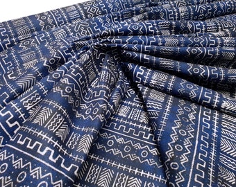 Bohemian Indigo Mudcloth Printed Fabric, Boho Ethnic African Vintage Mudcloth Fabric by The Yard, Fabric for Home Decor, Chair Upholstery
