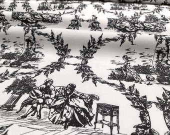 Black and White Toile de Jouy Fabric: French Pastoral Garden Print