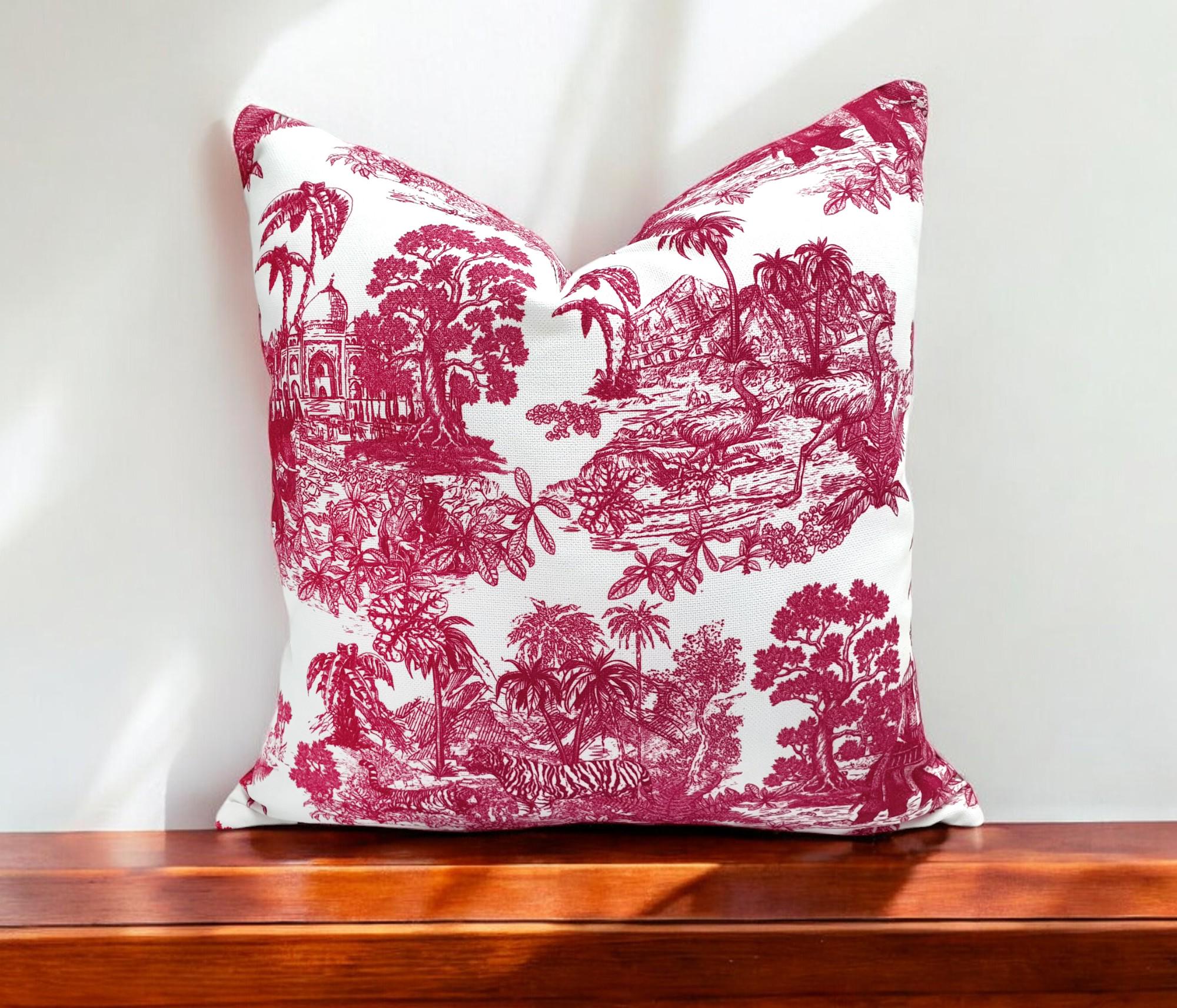 Maroon Toile De Jouy Pillow Cover: Taj Mahal Mural, Art Nouveau