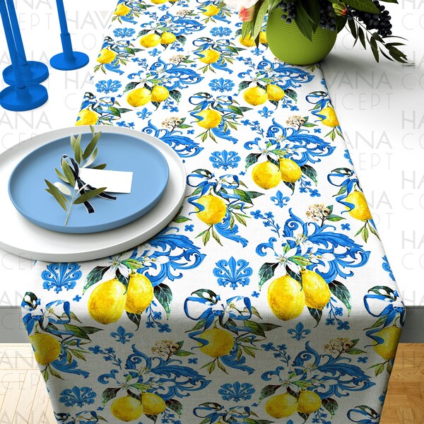 Damask Lemon Print Table Runner - Baroque Floral Lemon Fleurs et Feuilles Imprimer Cuisine Salle à manger Table Runner, Majolica Farmhouse Table Decor