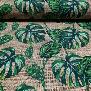 Monstera Leaf Burlap Print Fabric: Tropical Green Upholstery Fabric