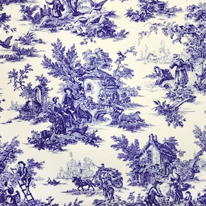 Blue Toile de Jouy Fabric - French Vintage Country Style Chair Upholstery Fabric, French Antique Art Nouveau Home Decor Fabric by the Yard