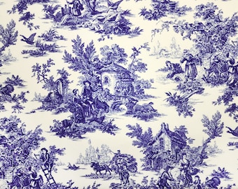 Tela Toile de Jouy azul: Tapicería y cortinas vintage francesas