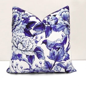 Blue Birds Floral Print Pillow Cover - Blue Birds and Flowers Throw Pillow, Watercolor Floral Euro Sham, Animal Print Farmhouse Pillow