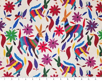Mexican Otomi Upholstery Fabric by the Yard: Folk Art Flowers, Deer, Rabbit