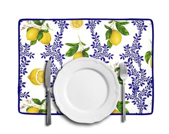 Lemon Print PlaceMats - Italian Majolica Floral Lemon Fruit Fabric Placemat Set of 2-4-6-8-10-12 - Double Layer Piped Dining Table Mats