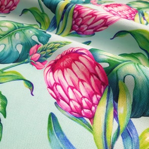 Protea Floral Fabric: Pink Flowers, Monstera Leaves, Upholstery Fabric