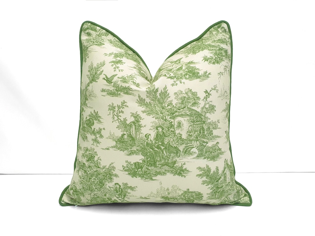 Toile De Jouy Pillow Cover Retro French Art Nouveau Cushion, Green and