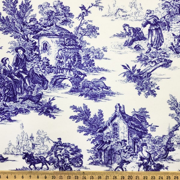 Blauwe Toile de Jouy Stof - Franse Vintage Country Style Stoel Bekleding Stof, Franse Antieke Art Nouveau Home Decor Stof op maat gesneden