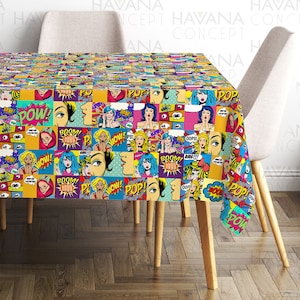 Comic Book Tablecloth - Pop Art Retro Comic Print Tablecloth - Comic Art Book Tablecloth Pop Art Retro Super Woman Action Words Table Linen