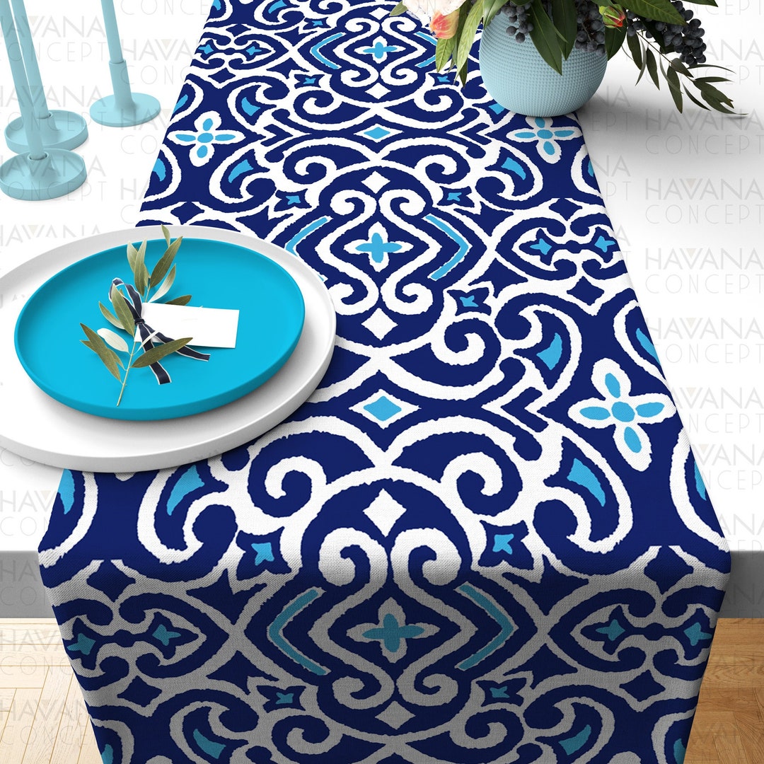 Navy Blue Damask Table Runner, Blue and Azure Boho Damask Table Linen