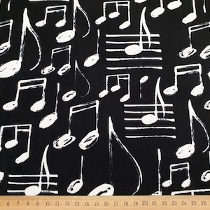 Tessuto in fogli con note musicali - Ritmi musicali, personale, tessuto a linee, tessuto con note musicali in bianco nero, tessuto musicale per la camera dei bambini, tappezzeria