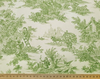 Green Toile de Jouy Fabric: Retro French Farmhouse Upholstery By The Yard