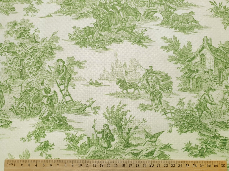 Grönt Toile de Jouy-tyg: Retro fransk bondgårdsklädsel på gården bild 1