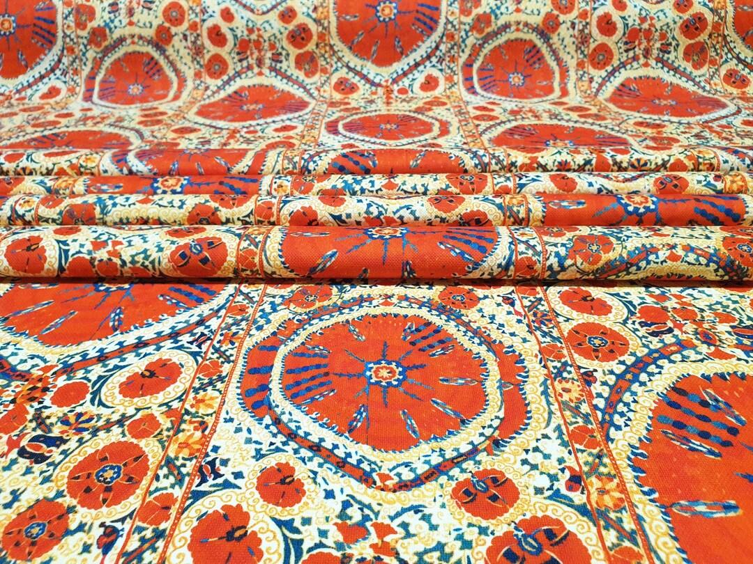 Vintage Boho Kilim Fabric Uzbek Suzani Medallion Print Fabric for Chair