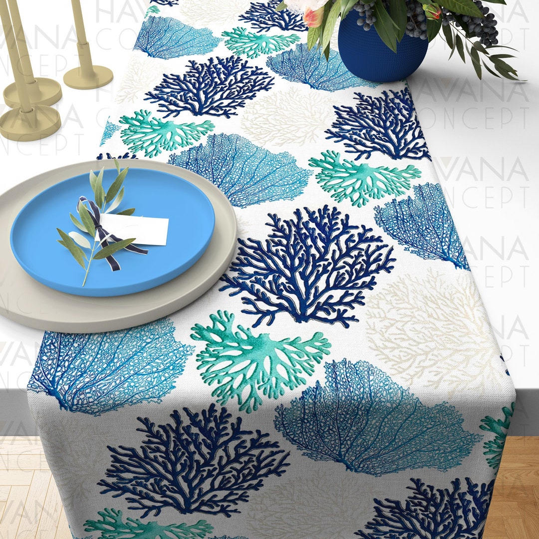 Nautical Table Runner Blue and Mint Coral Reefs on White Table Runner ...