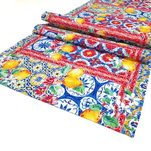 Sicilian Majolica Lemon Table Runner - Sicilian Decor Table Centerpiece, Sicilian Tiles Print Table Runner, Mediterranean Home Decor