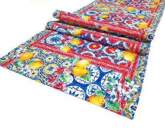 Sicilian Majolica Lemon Table Runner - Sicilian Decor Table Centerpiece, Sicilian Tiles Print Table Runner, Mediterranean Home Decor