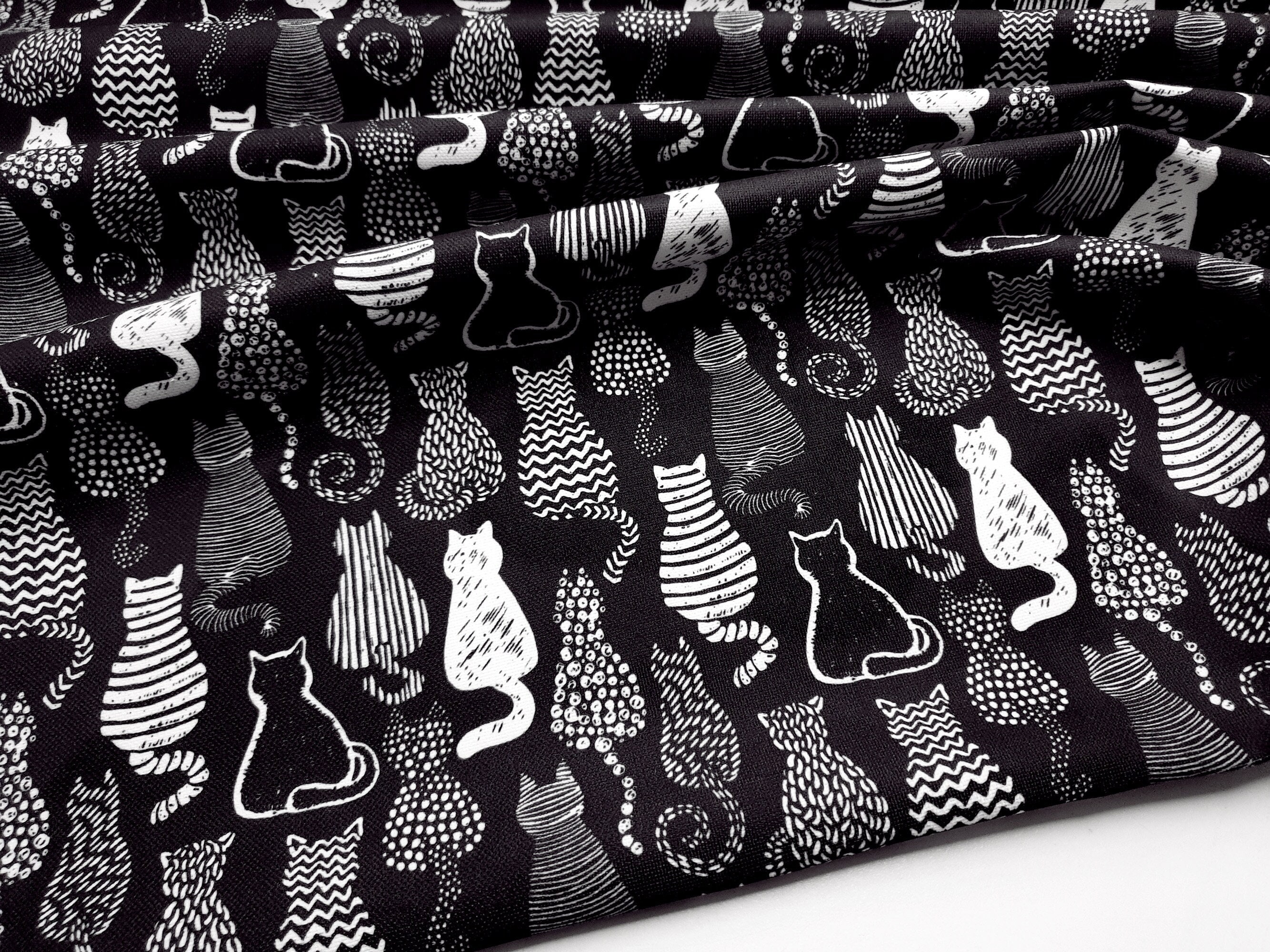 Pack of Cats Fabric - Black and White Kittens Animal Print Fabric for Kids Room Decor, Drapery, Sofa, Chair Upholstery Fabric by the Yard