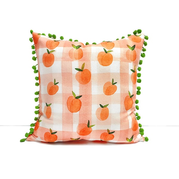 Gingham Watercolor Fruits Pillow - Apricots on Gingham Euro Sham, Fruit Throw Pillow, Square and Rectangle Cushion Cover, Kitchen Decor Idea