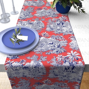 Living Coral Toile De Jouy Print Table Runner - French Country Style Table Linen, French Farmhouse Dining Room Decor Table Runner