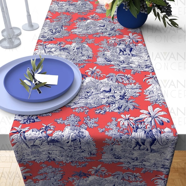 Living Coral Toile De Jouy Print Table Runner - French Country Style Table Linen, French Farmhouse Dining Room Decor Table Runner