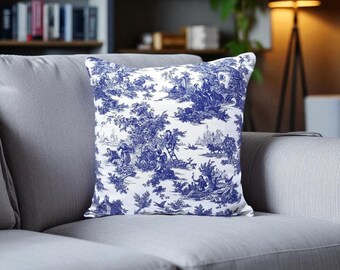 Blue Toile de Jouy Pillow Cover: French Country Vintage Throw Pillow