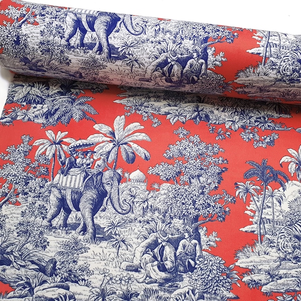 Living Coral Toile de Jouy Fabric, French Vintage Toile Art Nouveau Fabric for Home Decor, Bench, Sofa, Chair Upholstery Fabric by the Yard