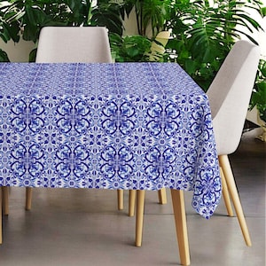 Italian Majolica Tablecloth, Blue White Swirl Table Decor, Dining Room Design, Majolica Tiles Table Linen, Nautical Kitchen Tabletop