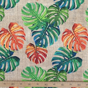 Monstera Leaf Fabric: Tropical Burlap Print, 56&quot; Wide