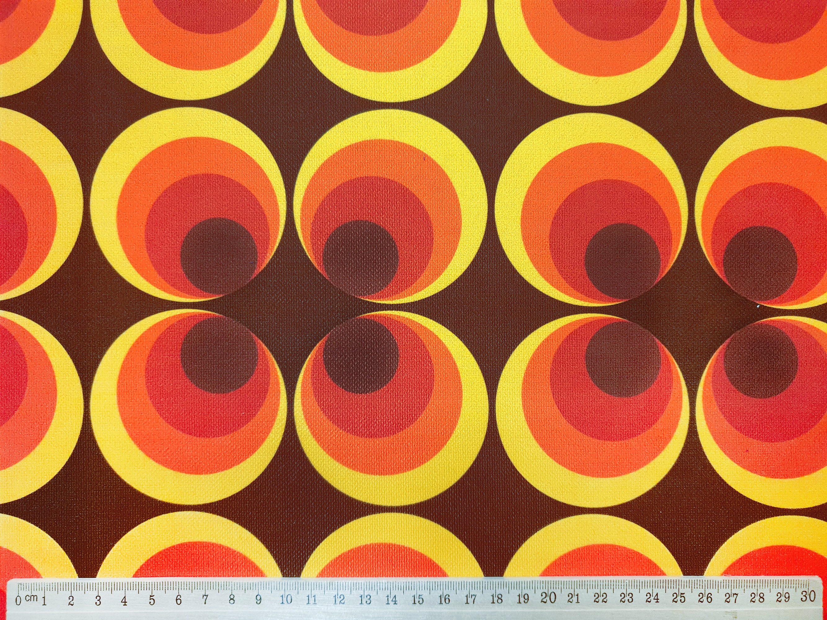 Retro Circle Print Fabric: Brown, Orange, Yellow - Mid-Century Modern Upholstery