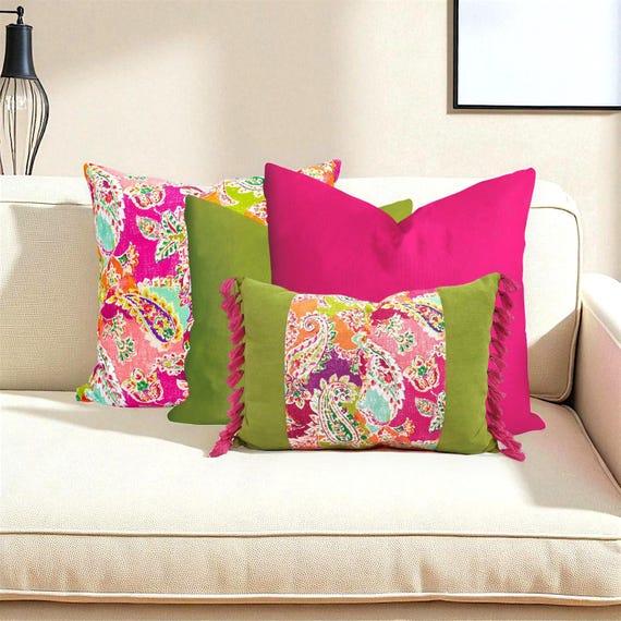 Paisley Kissenbezug Set: Oil Green & Fuchsia Pink, handgemachte dekorative Kissen