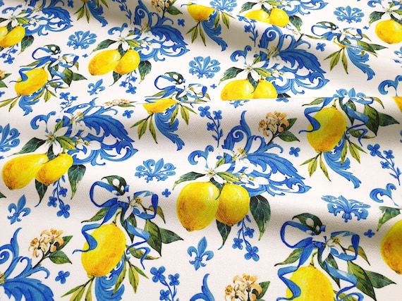 Damask Lemon Print Fabric: Baroque Floral Upholstery Fabric