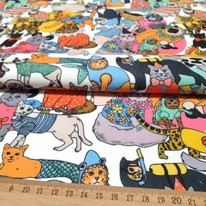 Cute Cats Fabric by the Yard - Colorful Sweet Cats with Costumes Print Fabric for Home Decor, Curtains, Pillows, Chair Upholstery Fabric