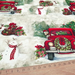 Christmas Truck Fabric: Snowman, Tree, Holiday Decor Upholstery
