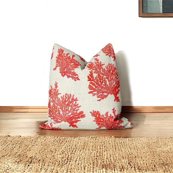 Red Coral Reef Print Pillow Cover: Coastal Nautical Decor