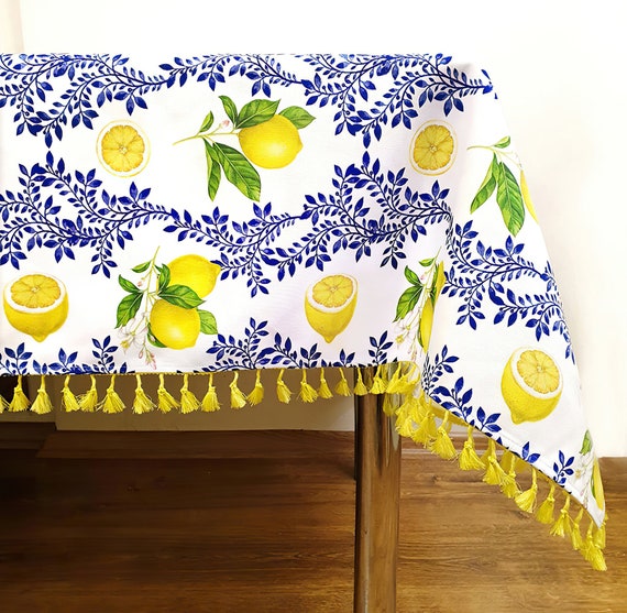 Lemon Print Tablecloth: Italian Majolica, Yellow Tassels