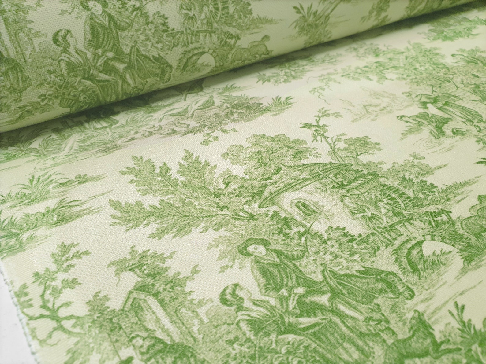 Toile De Jouy Fabric Green and Beige Upholstery Fabric by the Etsy
