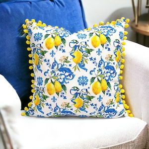Lemon Pillow Cover - Baroque Lemons Throw Pillow, Yellow Lemons with Blue Damask Lemon Print Pillow Case, Citrus Lemon Decorative Pillow