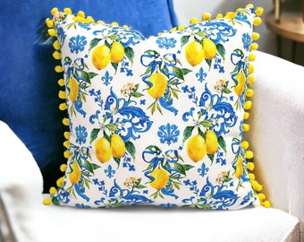 Lemon Pillow Cover - Baroque Lemons Throw Pillow, Yellow Lemons with Blue Damask Lemon Print Pillow Case, Citrus Lemon Decorative Pillow