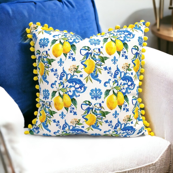 Housse de coussin citron - Coussin baroque citrons, taie d'oreiller à imprimé citrons damassés bleus, citrons jaunes, coussin décoratif agrumes