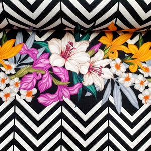 Geometric Floral Fabric: Black and White Chevron, Colorful Flowers - By The Yard