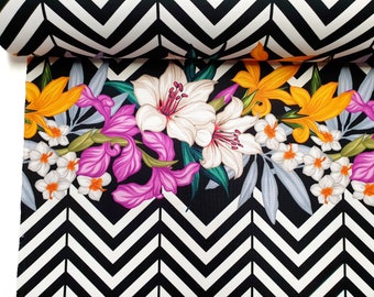 Geometric Floral Fabric: Black and White Chevron, Colorful Flowers - By The Yard