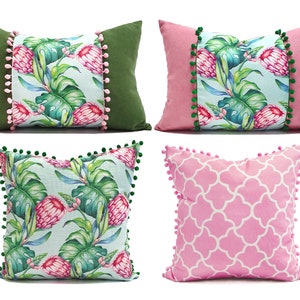 Green Pink Floral Pillow Covers, Green and Pink Protea Flowers Throw Pillow Case, Floral Decorative Pillow Covers, Home Decor Cushion Covers