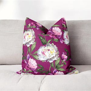 Peony Print Pillow Cover: Vintage Floral Cushion, Plum & Pink