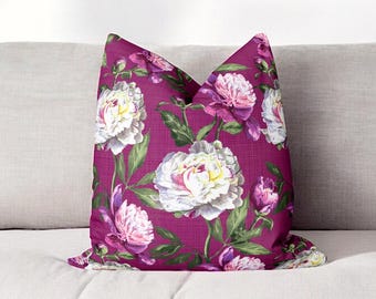 Peony Print Pillow Cover: Vintage Floral Cushion, Plum & Pink