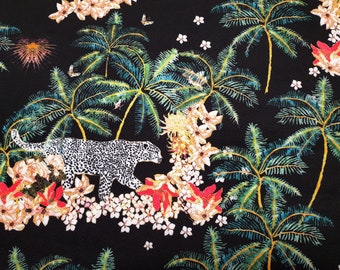 Leopard Print Fabric: Tropical Palm Trees, Flowers, Black Upholstery