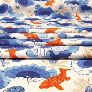 Koi Fish Fabric: Watercolor Asian Water Lilies, Drapery & Upholstery